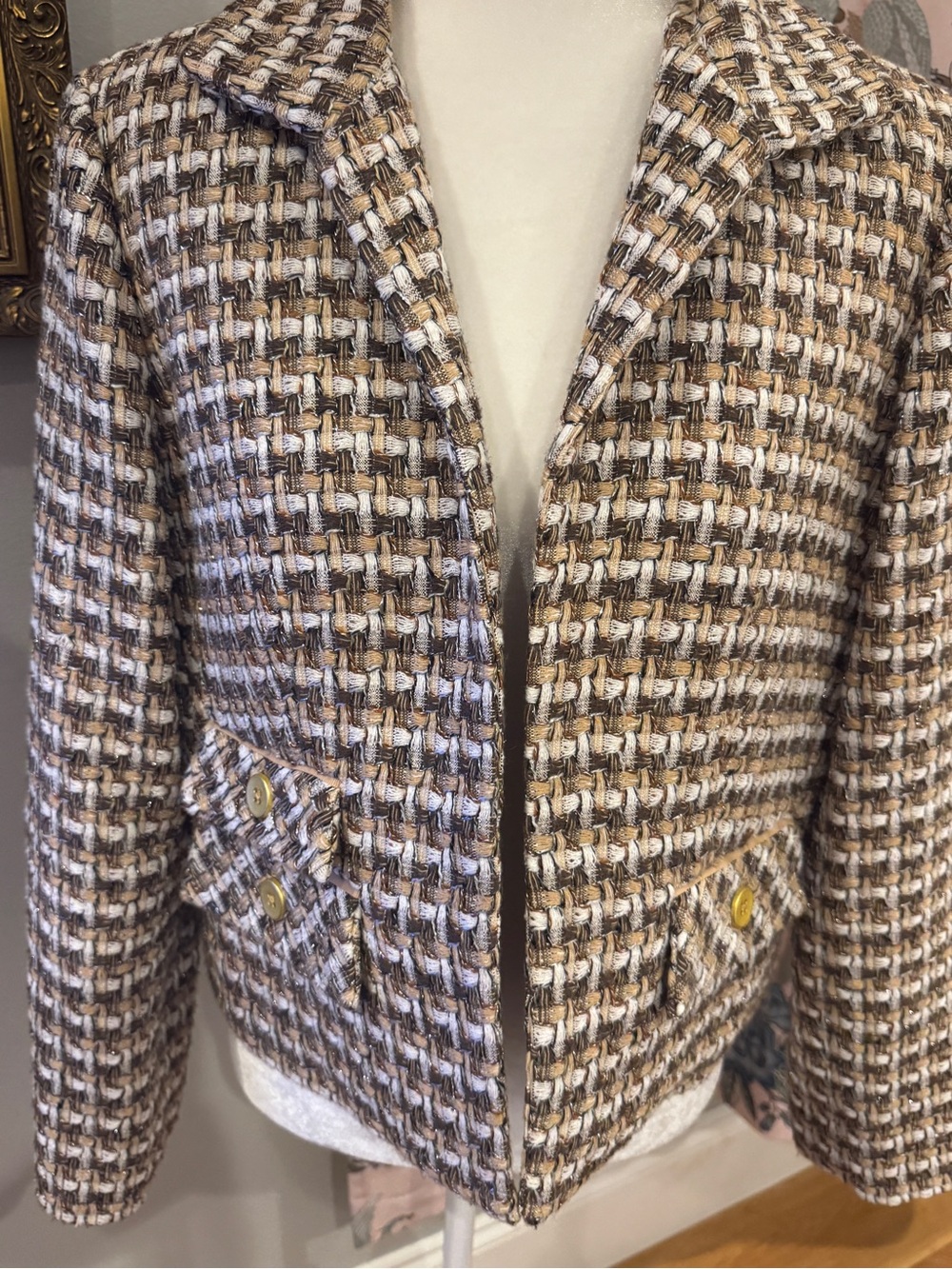 Chicos Wool-Blend Tweed Cropped Jacket in Brown & cream size 1